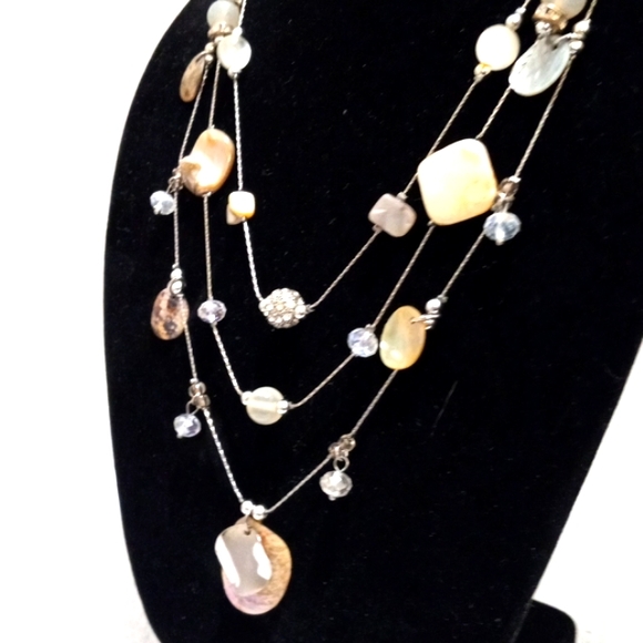 Abalone, Rhinestones, Pearlized Beads on Silver Tone Chain,3 Strand Neckless - Picture 3 of 6